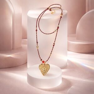 Gold Tone Heart Pendant Necklace with Red Beaded Cord